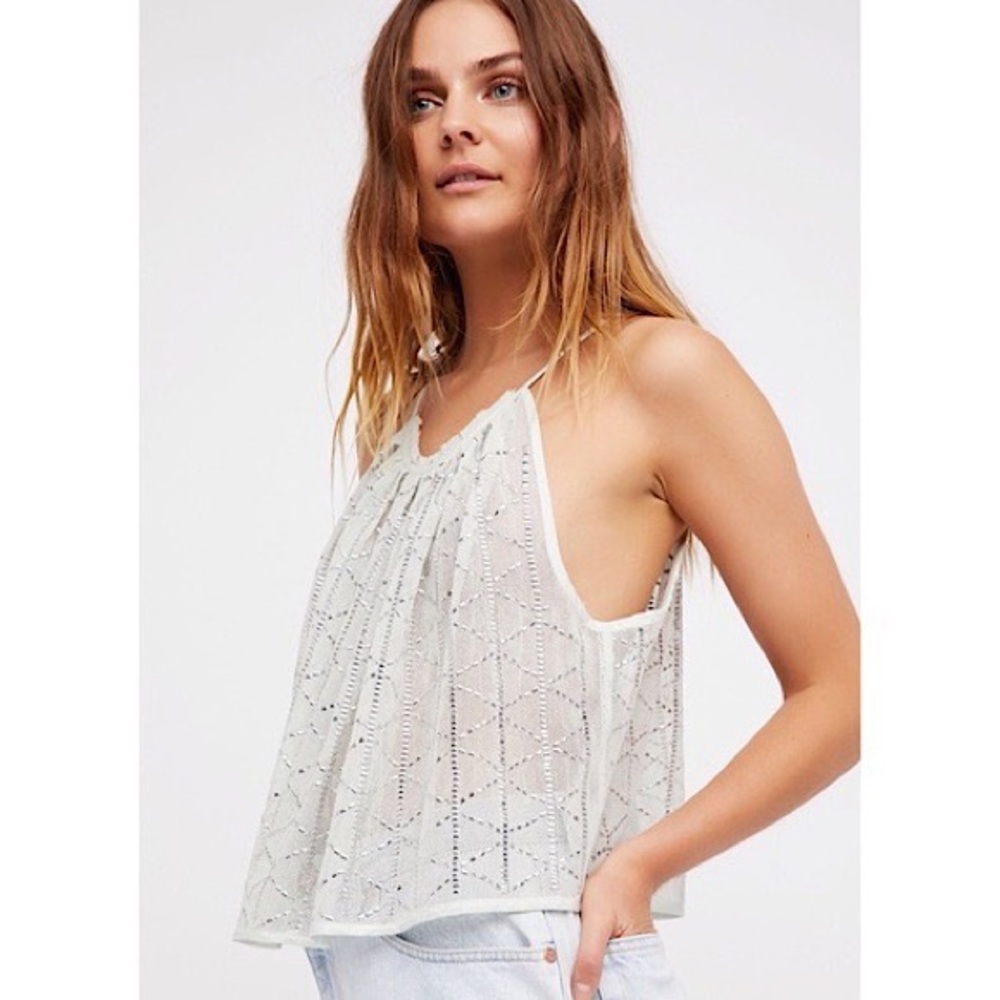 FREE PEOPLE ATLANTIS SHEER SILVER/MINT EMBELLISHED GEOMETRIC CAMI TOP size med